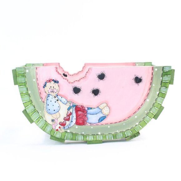 Vintage Toll Painting Watermelon Doll Folk Art Primitive Country Wooden Holder - Picture 1 of 8